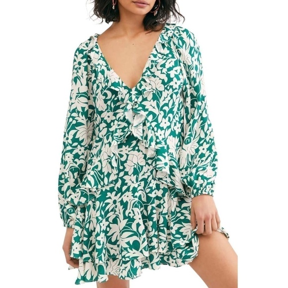Free People Rebecca Floral Ruffle Long Sleeve Casual Green & White Mini Dress L